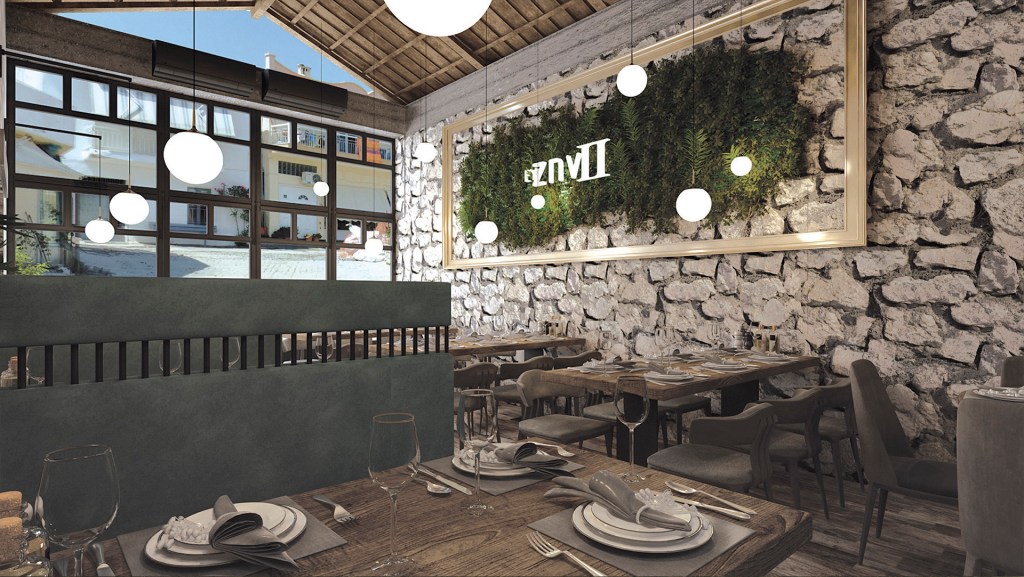 Ef zin (Ευ ζην) II restaurant renovation in Chalkidiki - tables area
